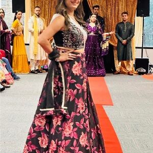 Black and pink floral lehenga